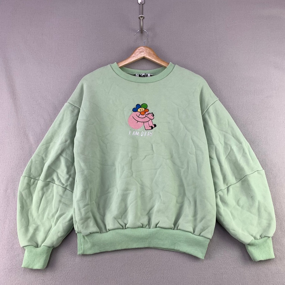 Kina & Tam Sweatshirt Womens S Green Pastel Embroidered 'I Am Okay' Graphic Crew